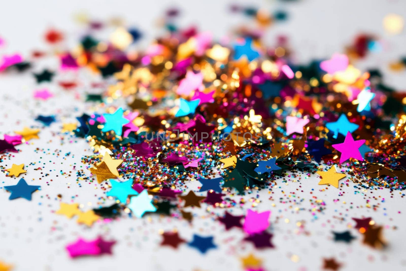 coloured confetti as a white New Year's background. AI generative.