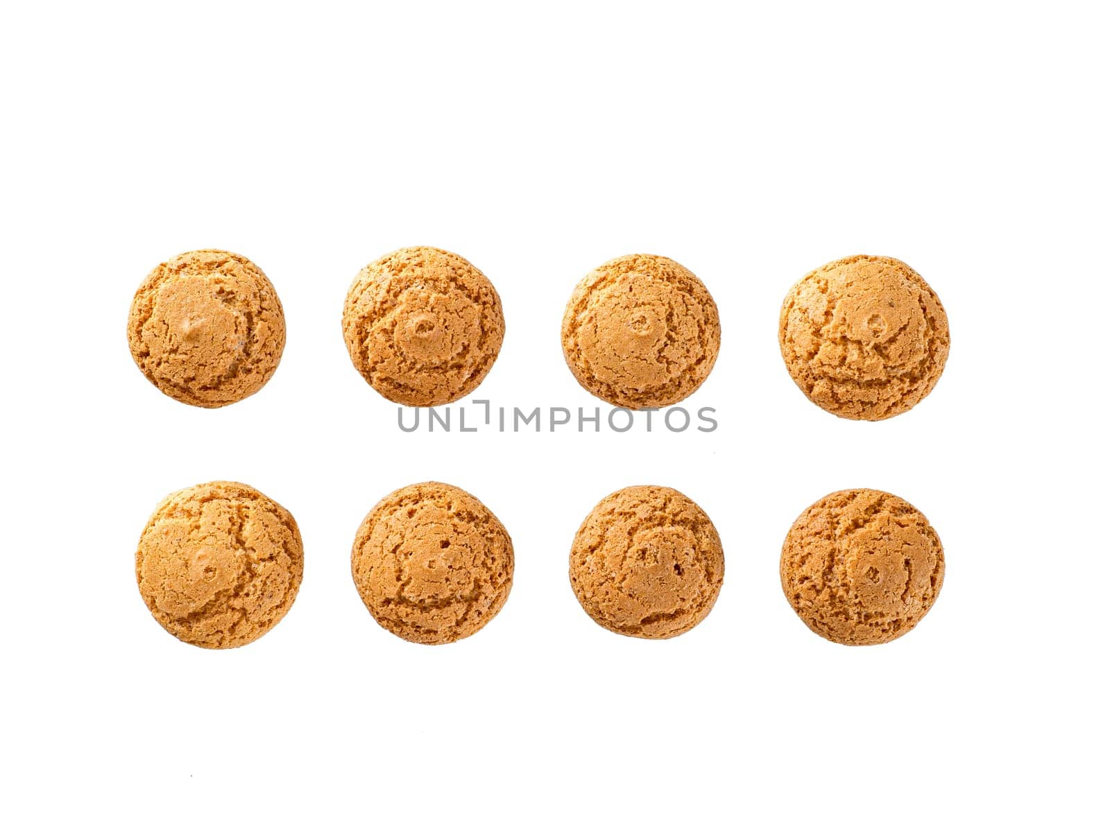 Set of cookie amaretti isolated on white background - traditional Italian Sardinian pastry. Delicious amaretti biscuit cookies made from almond or apricot kernels cut out background with clipping path