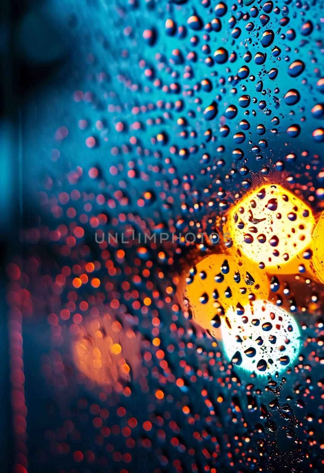 Raindrops cling to window glass, forming intricate patterns as they reflect soft lights from the sunset. The warm colors blend, creating a serene atmosphere during a rainy evening. Generative AI.