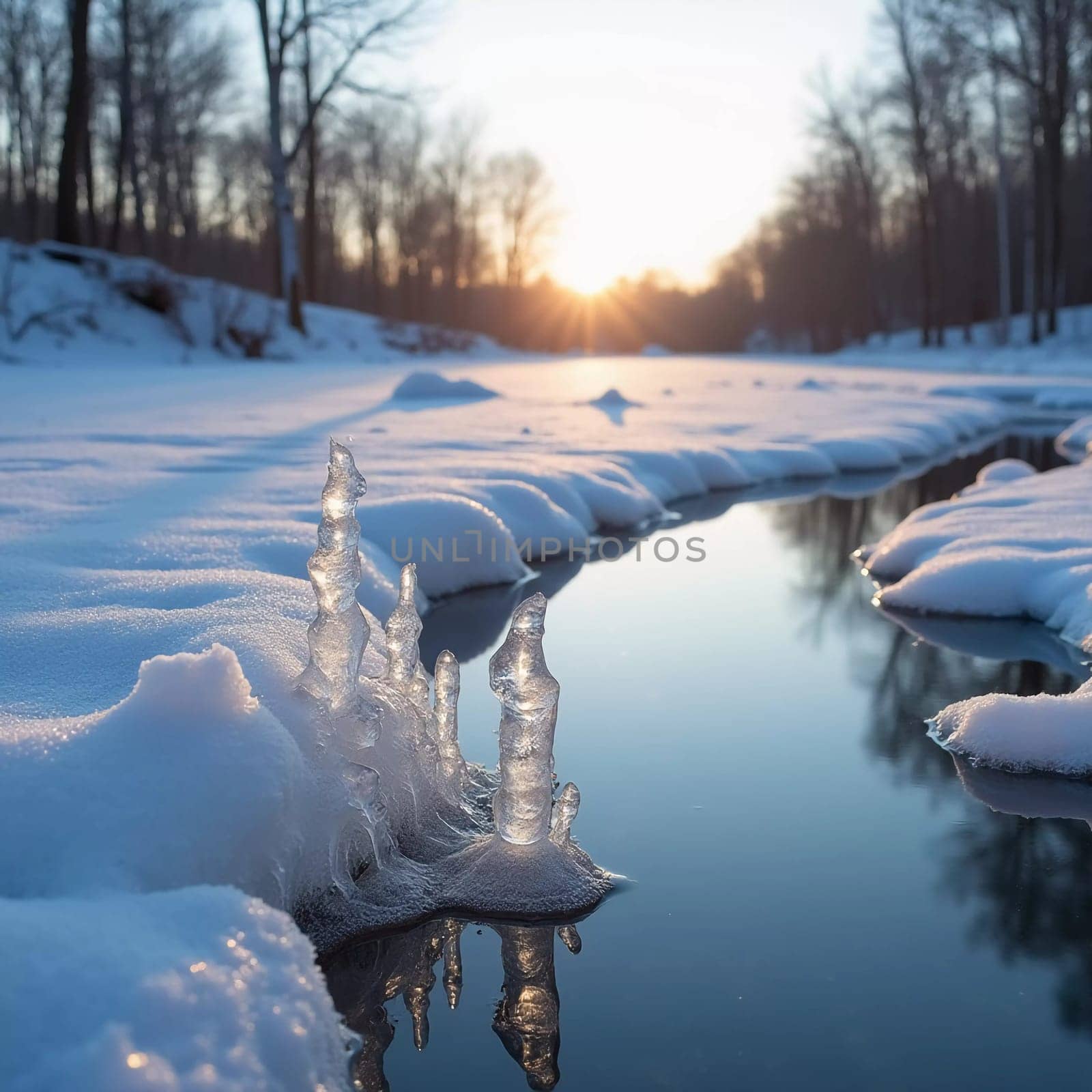 Sunlight breaks through the trees at dawn, reflecting off a tranquil river dotted with melting ice. Icicles hang nearby, creating a peaceful and warm spring atmosphere. Generative AI.
