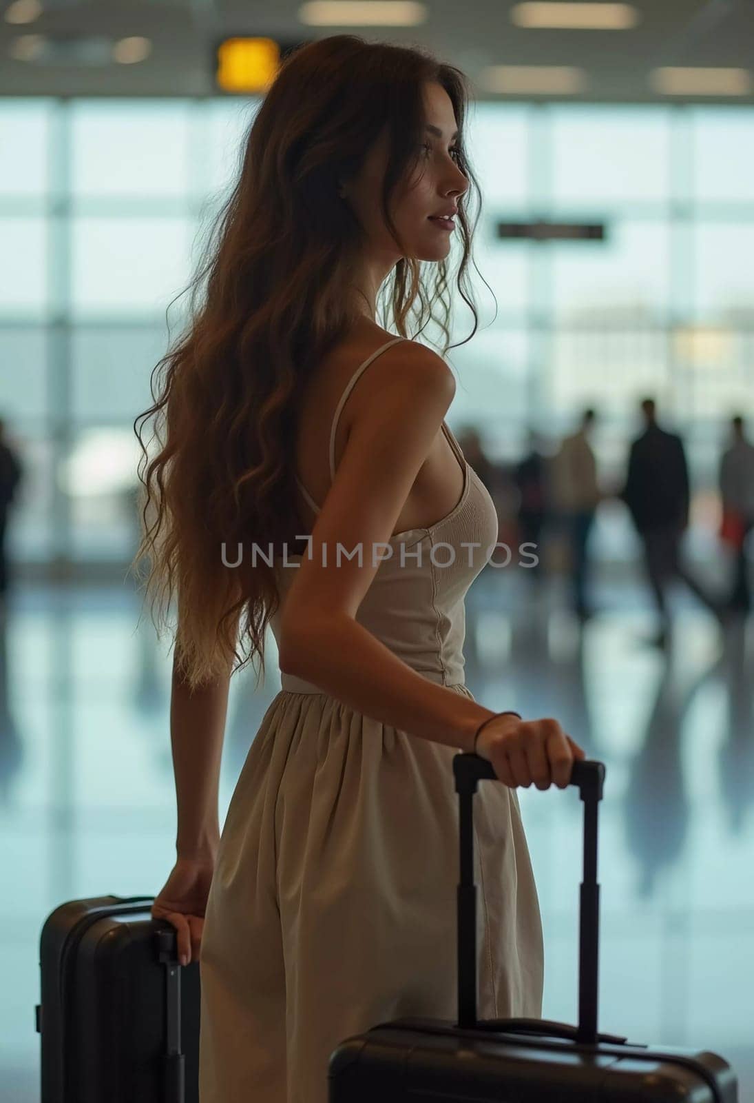 A stylish brunette woman stands at airport, holding a suitcase and looking back with a confident expression. Travelers bustle around her as she waits, dressed casually in fitted outfit. Generative AI.