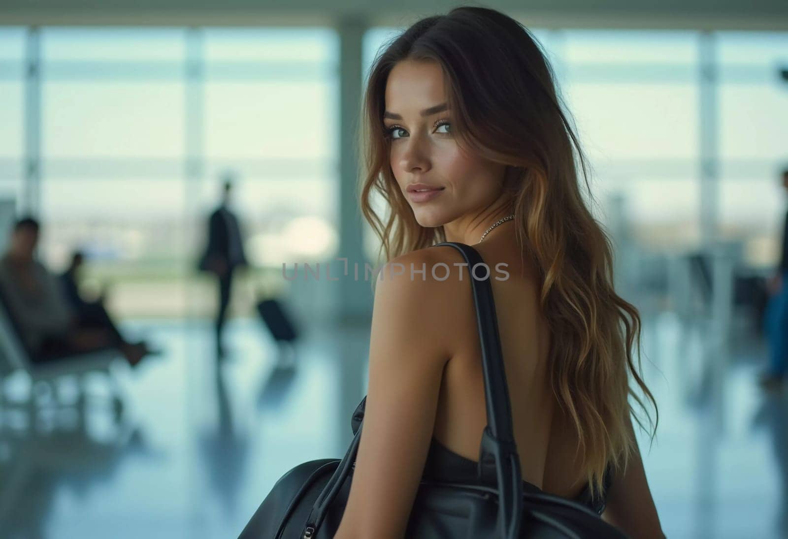 A stylish brunette woman stands at airport, holding a suitcase and looking back with a confident expression. Travelers bustle around her as she waits, dressed casually in fitted outfit. Generative AI.