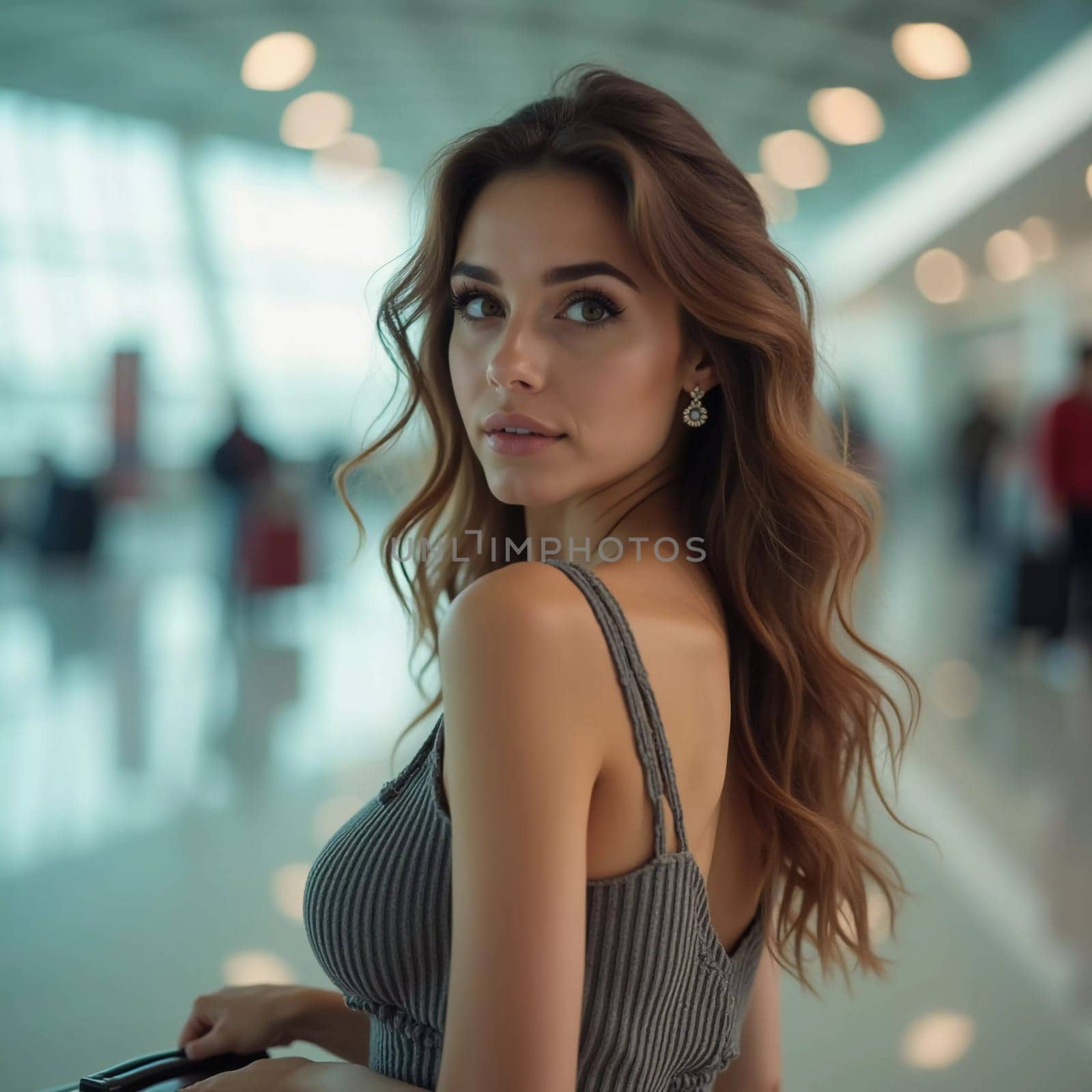 A stylish brunette woman stands at airport, holding a suitcase and looking back with a confident expression. Travelers bustle around her as she waits, dressed casually in fitted outfit. Generative AI.