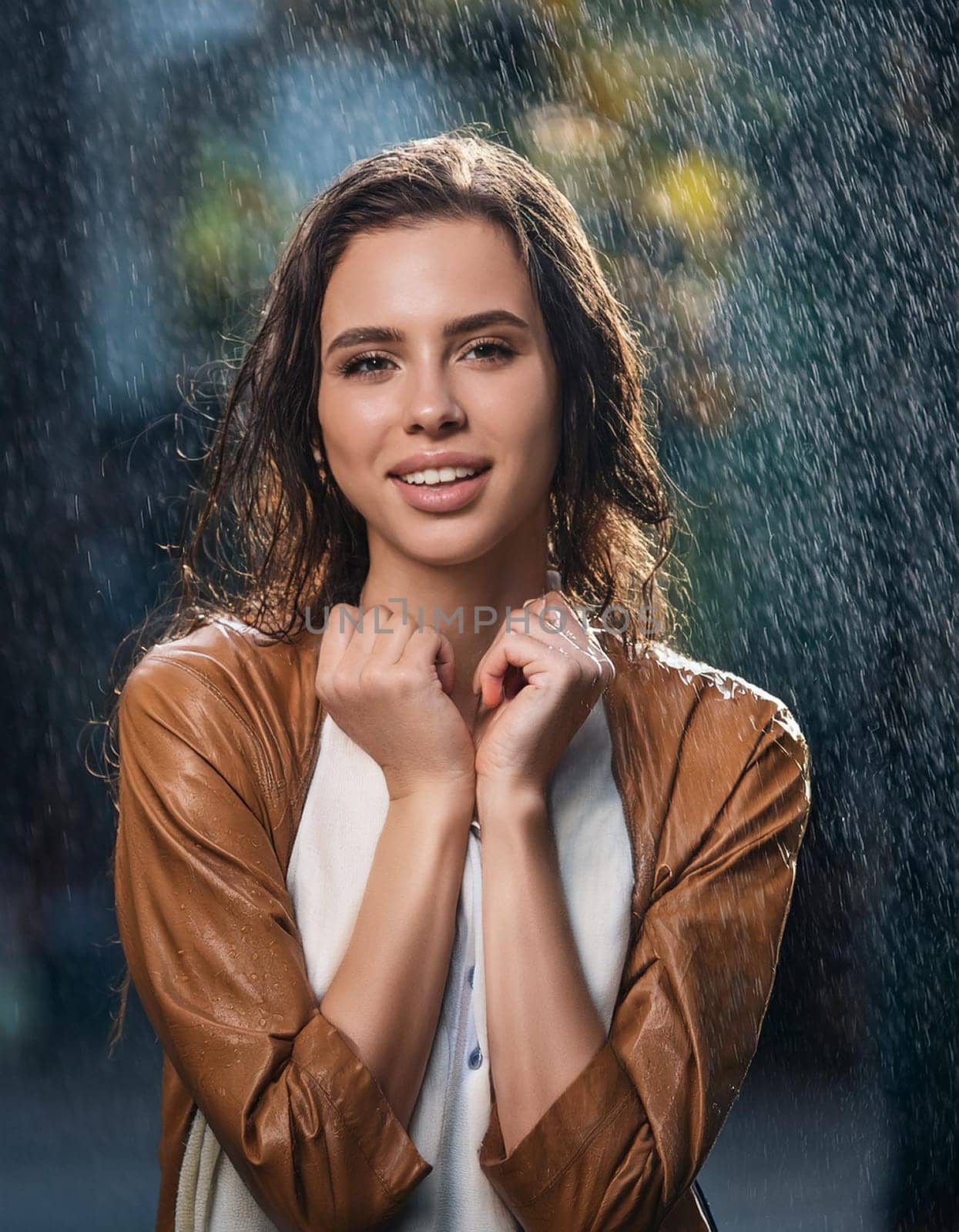 pretty young woman smiling in the rain, AI generated image