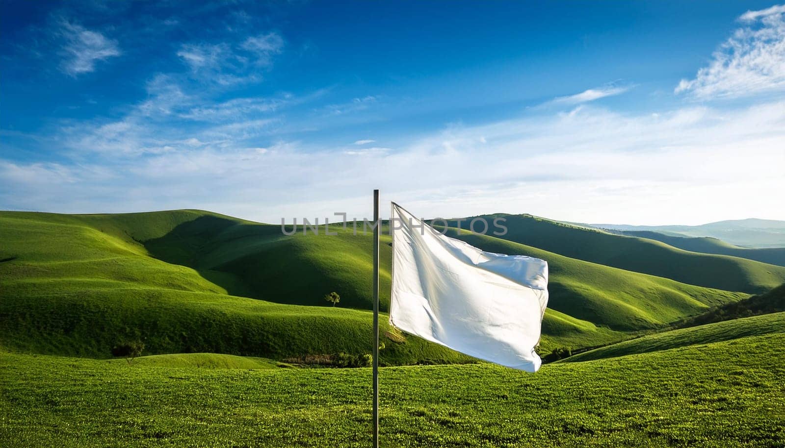 white flag over green hills, AI generated image