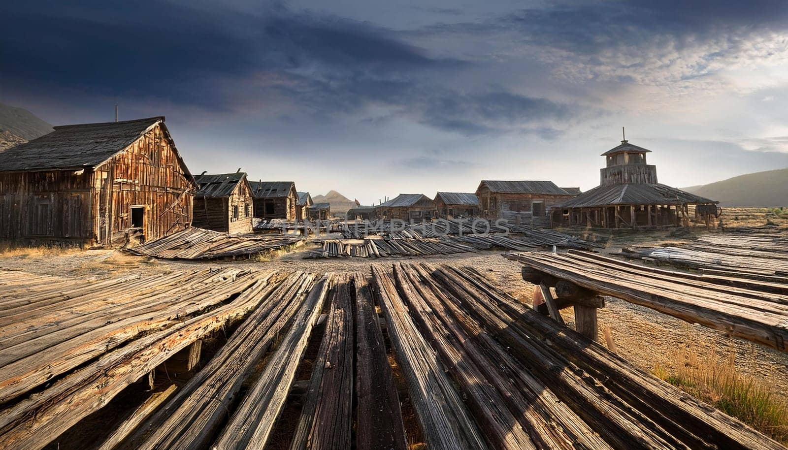 ruins of abandoned wooden ghost town, AI generated image