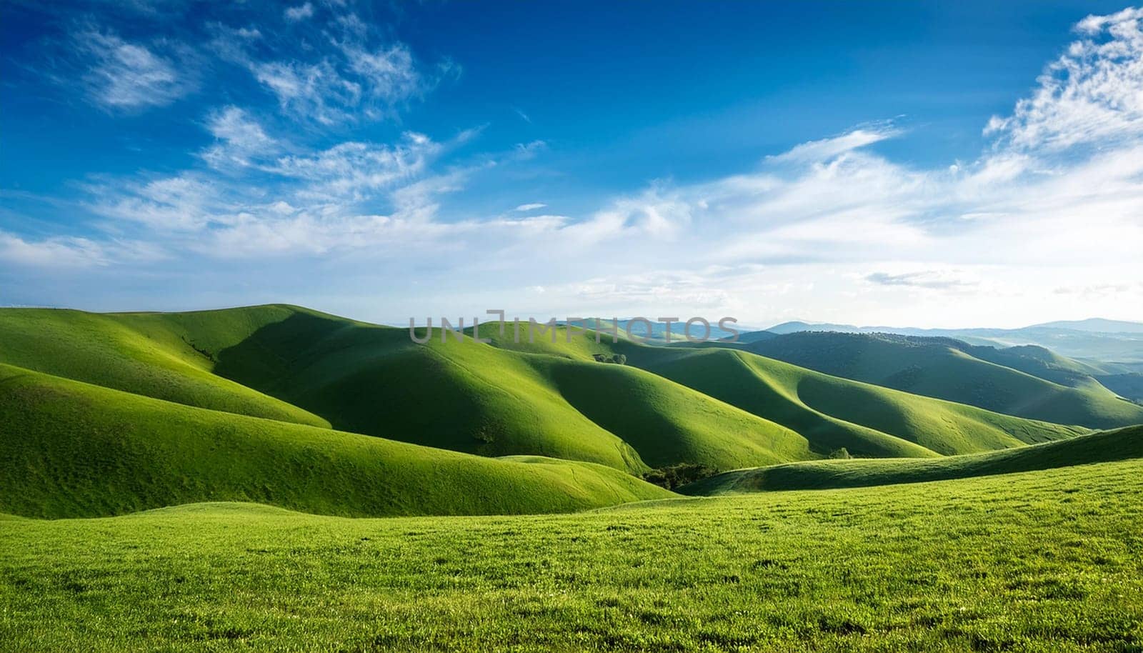 green hills and blue sky scenery, AI generated image