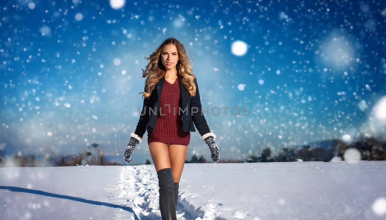 pretty young woman in the snow, AI generated image