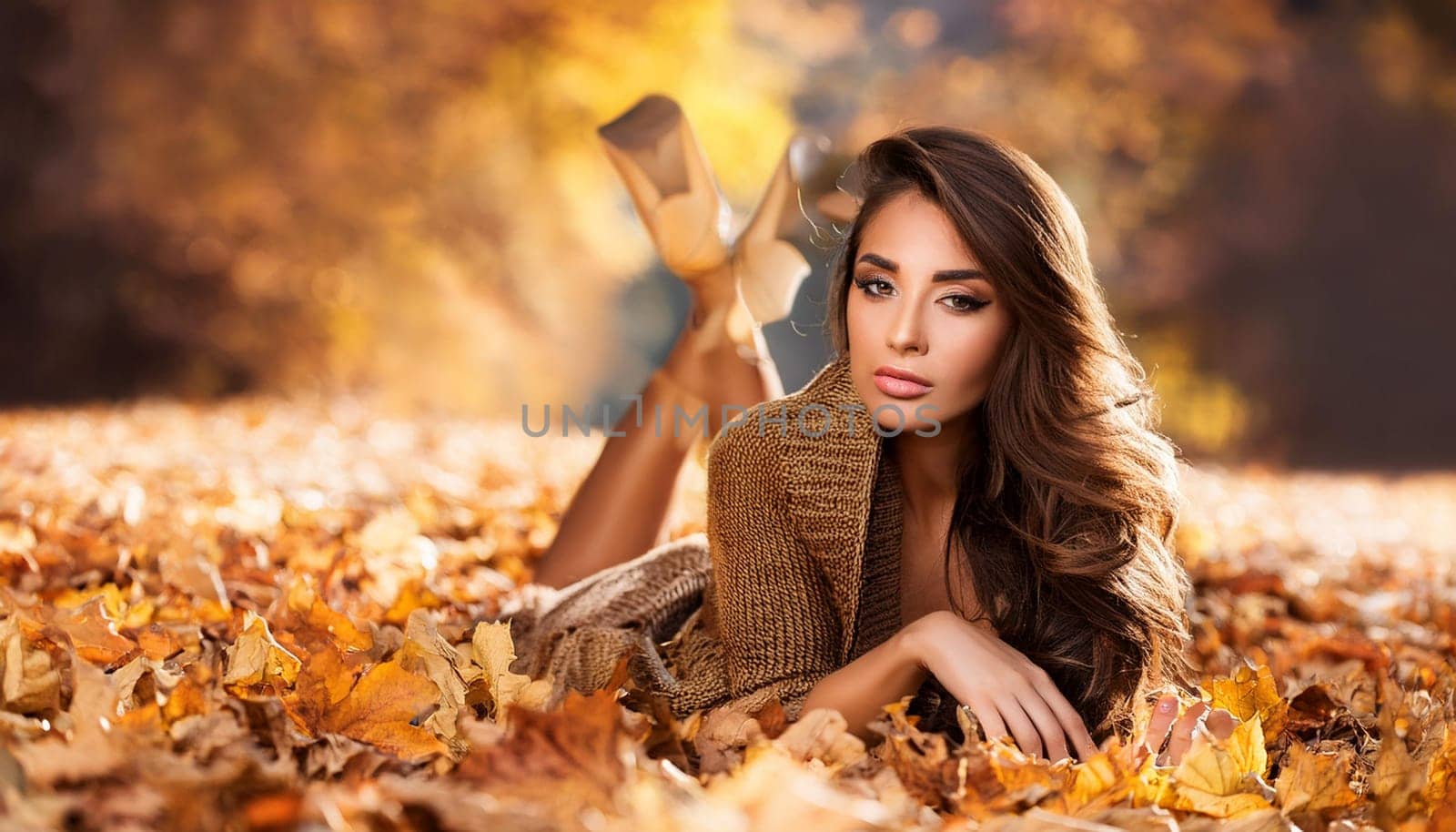 pretty young woman lying over autumn leaves, AI generated image