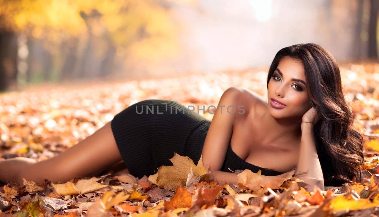 pretty young woman lying over autumn leaves, AI generated image