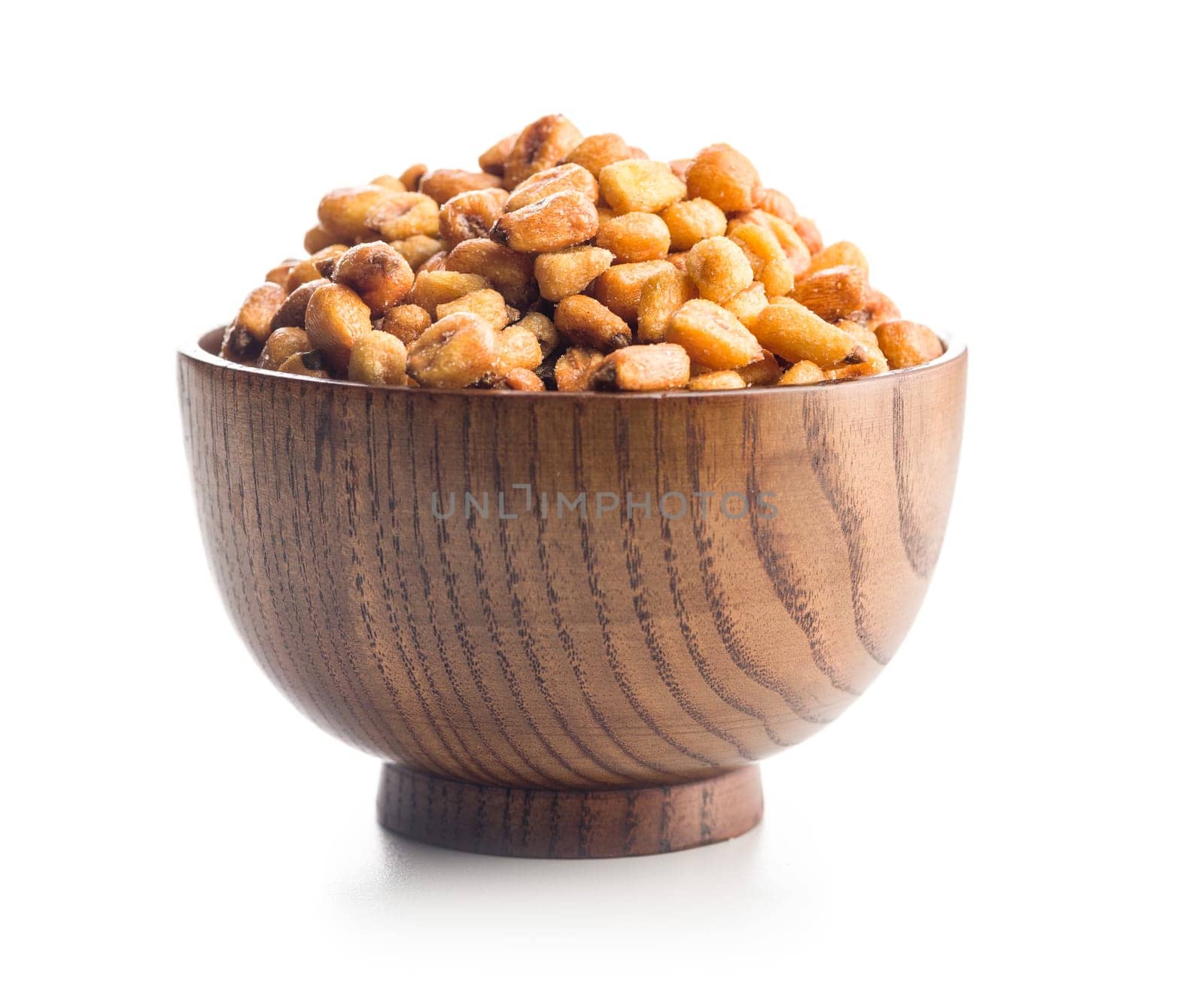 Roasted salted corn snack in bowl isolated on a white background.