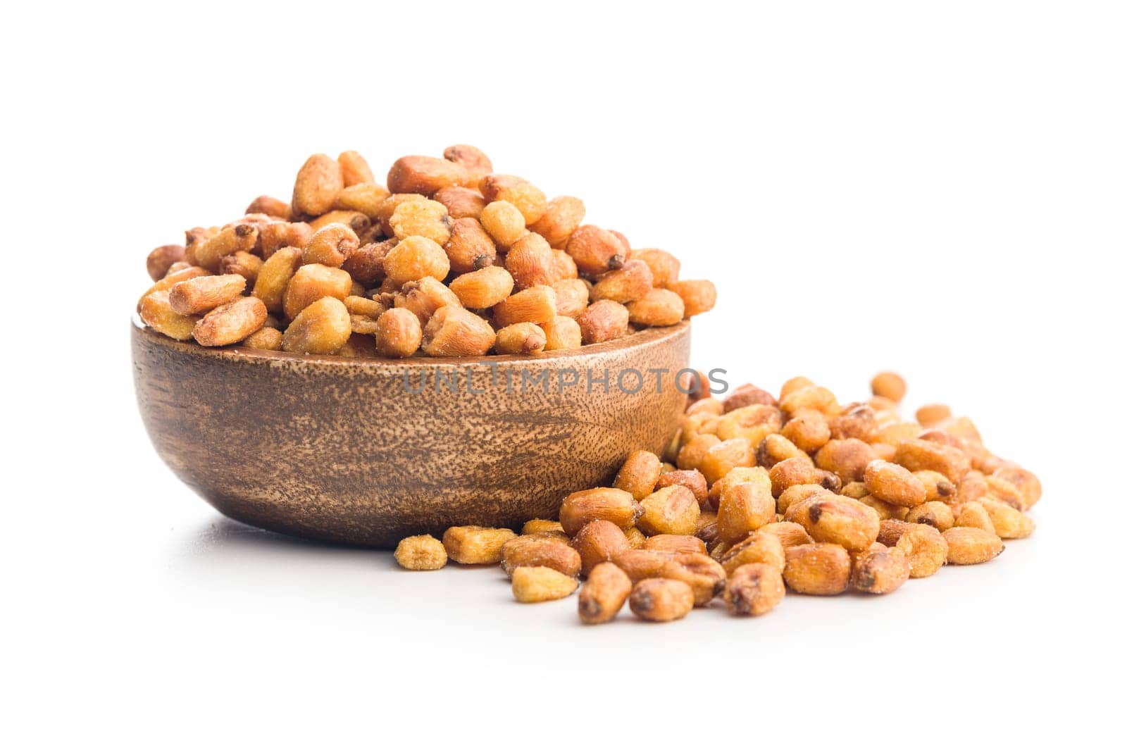 Roasted salted corn snack in bowl isolated on a white background.