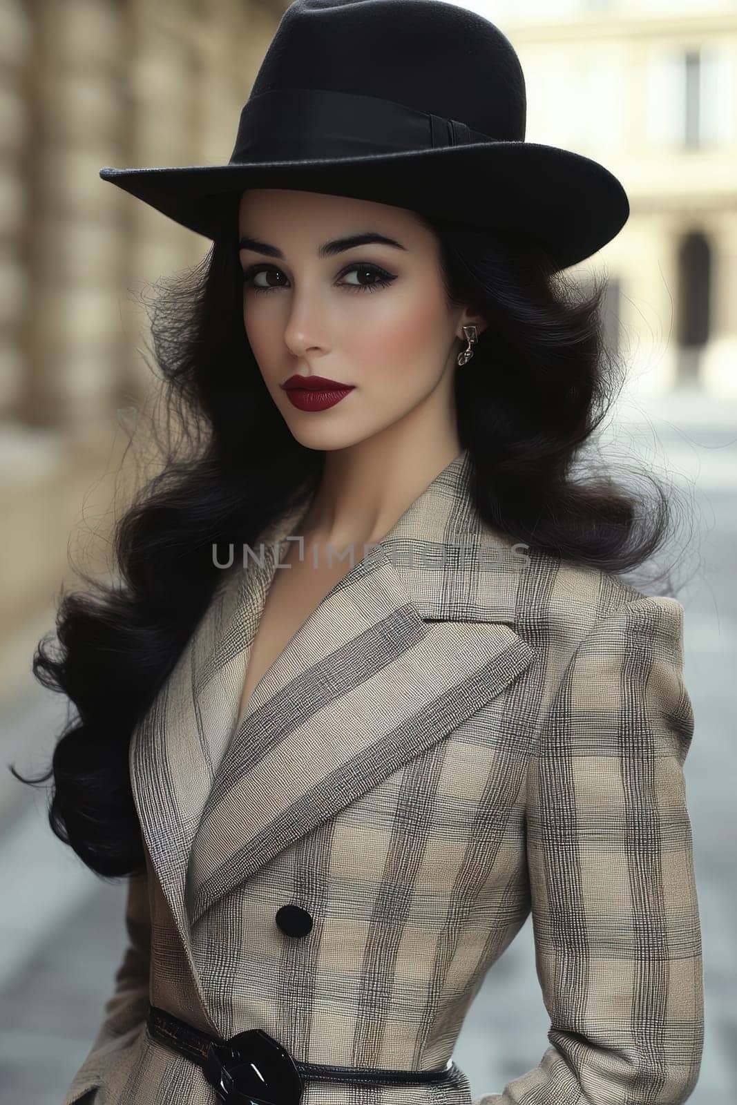 Photographs of women styled in the 1940s-50s taken on the streets of American cities. AI generative.
