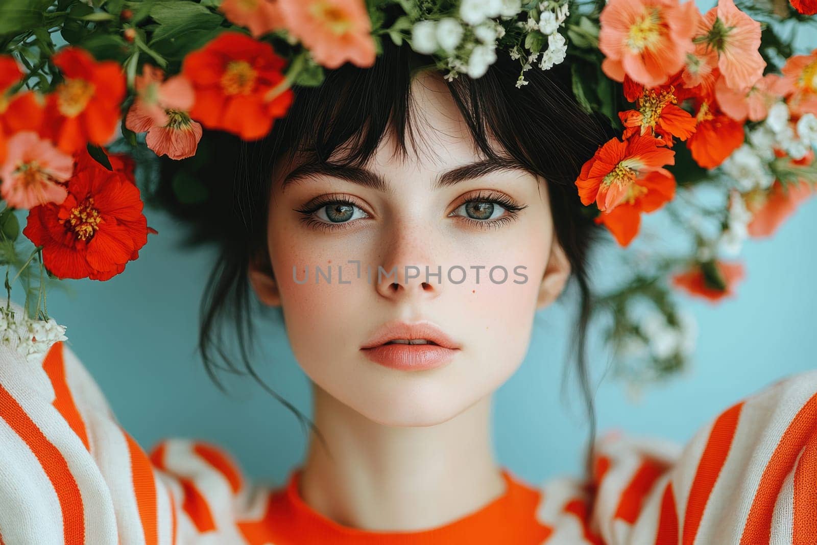 Portrait of a woman in avant-garde dress and integrated flowers, AI generative.