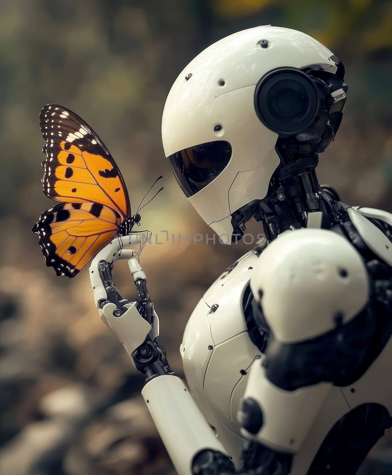robot with butterfly resting on its finger. AI generative.