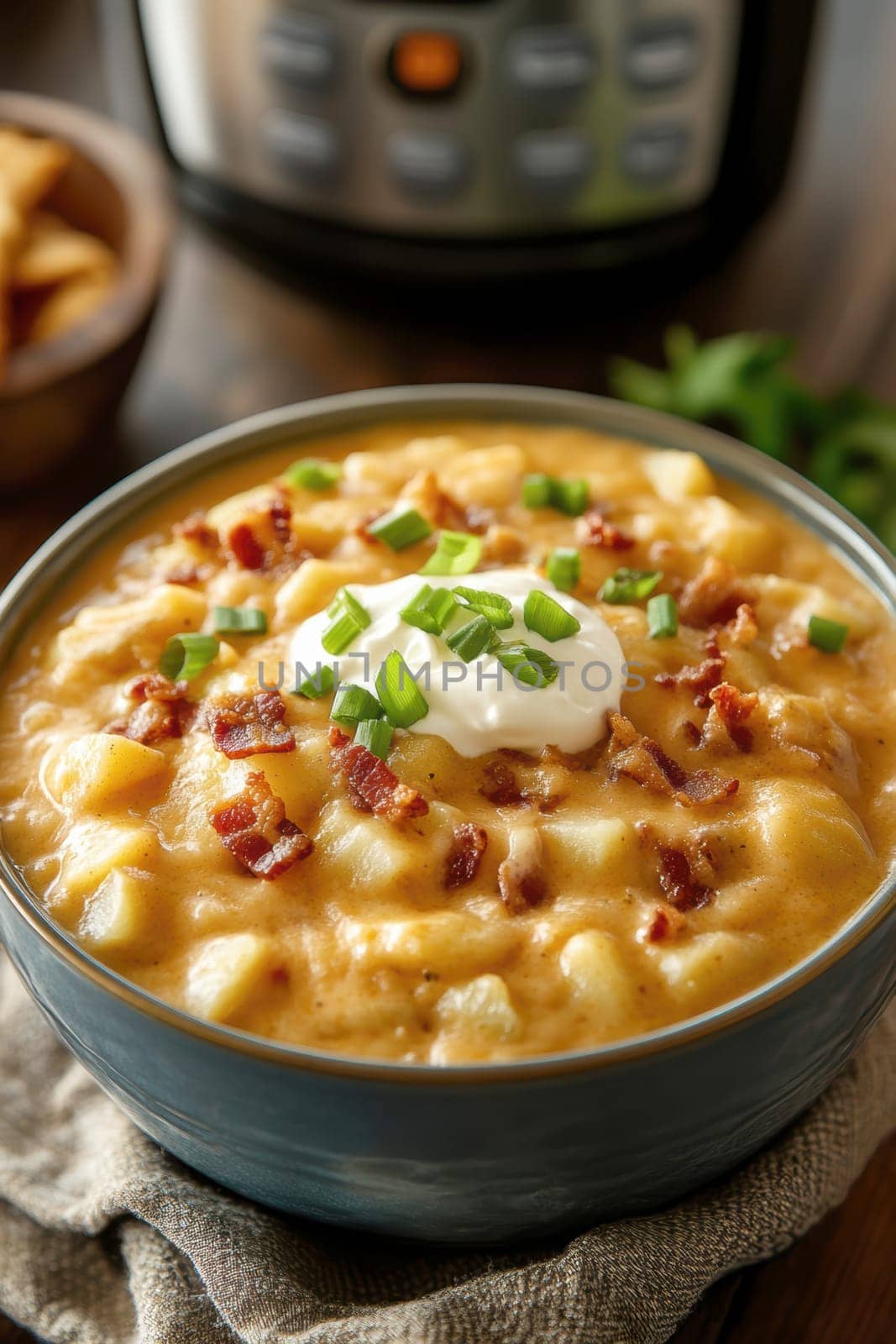a creamy potato soup served in a large bowl. AI generative.