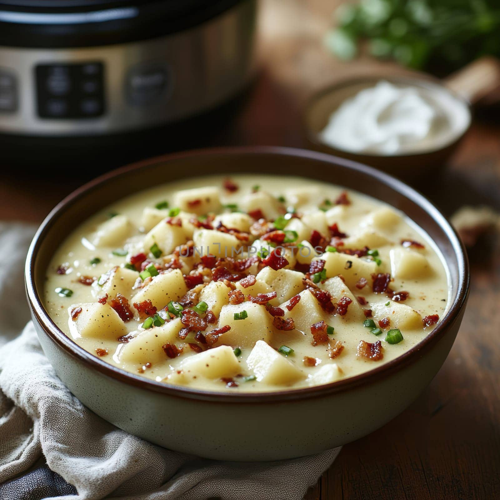 a creamy potato soup served in a large bowl. AI generative.