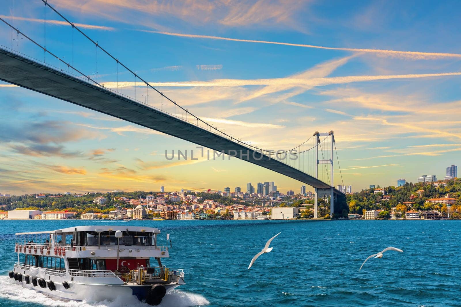 The Cruise Ship is sailing near the Bosphorus bridge and modern Istanbul view, Turkey.