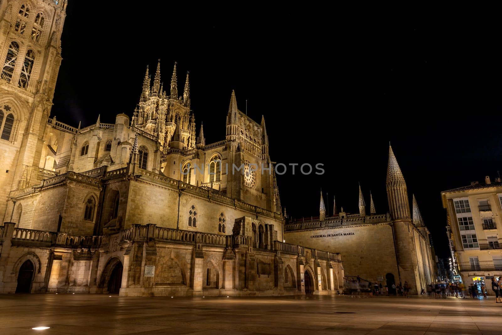 Burgos, Spain: August 22, 2024: Night scene of Monasterio de las Huelgas in Burgos. Abbey of Santa Maria la Real de Las Huelgas, Castile and Leon, Spain