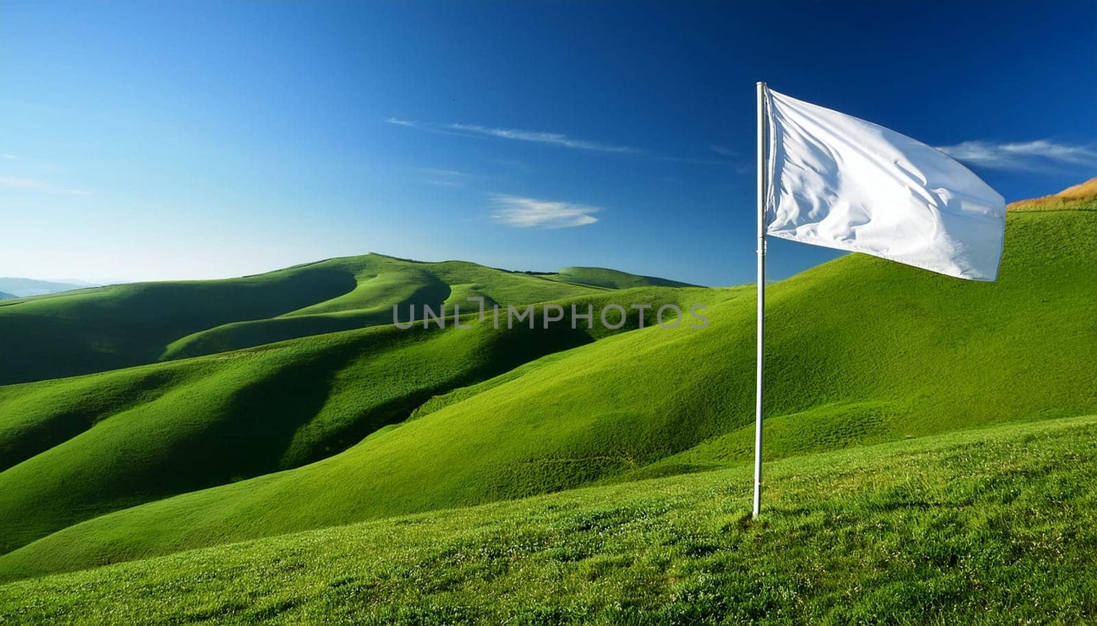 white flag over green hills, AI generated image