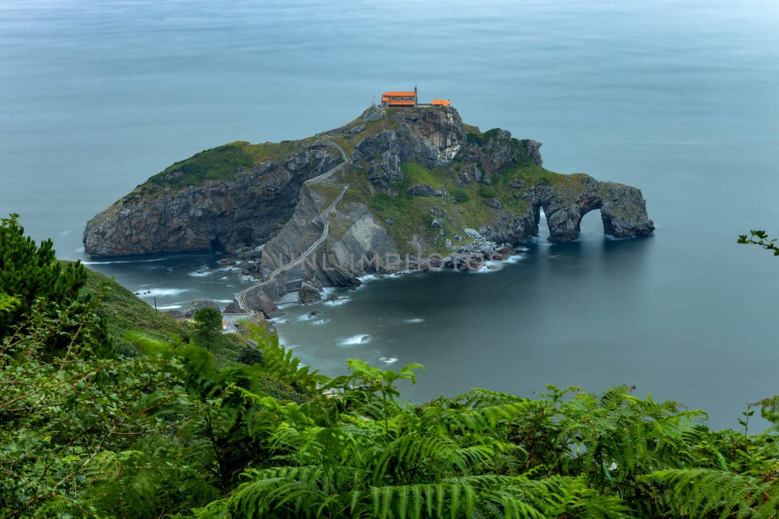 San Juan de Gaztelugatxe is a church dedicated to John the Baptis connected to the mainland by a bridge, Bermeo, Basque Country,Spain. Long Exposure