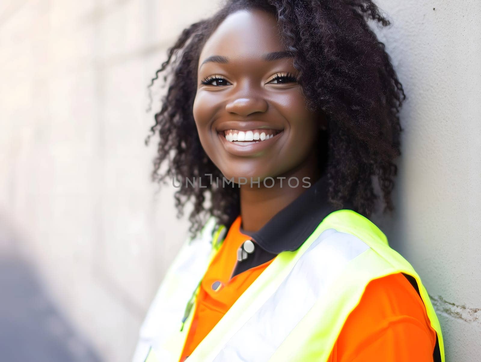Happy black smiling woman safety vest construction worker portrait