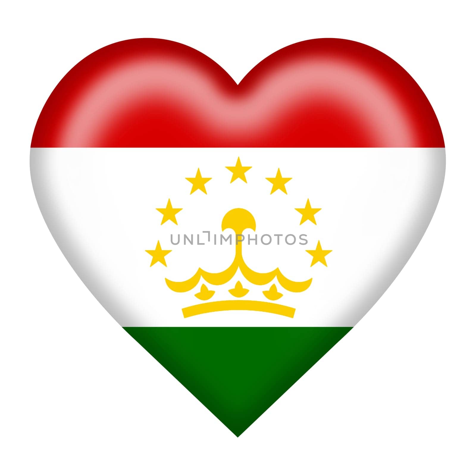 A Tajikistan flag heart button isolated on white with clipping path 3d illustration red white green yellow crown stars