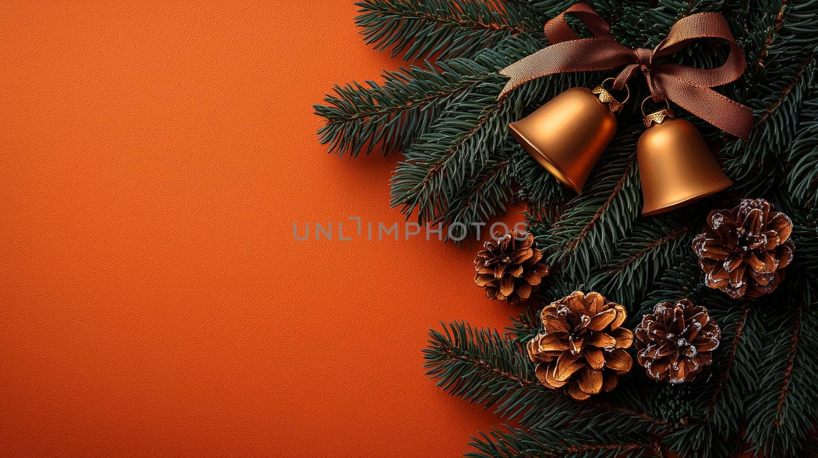 A festive close-up of two golden bells tied with a brown ribbon bow, gracefully hanging on lush pine branches. Set against a vibrant orange background, the image radiates warmth and holiday cheer, blending traditional elements with a modern, colorful twist.