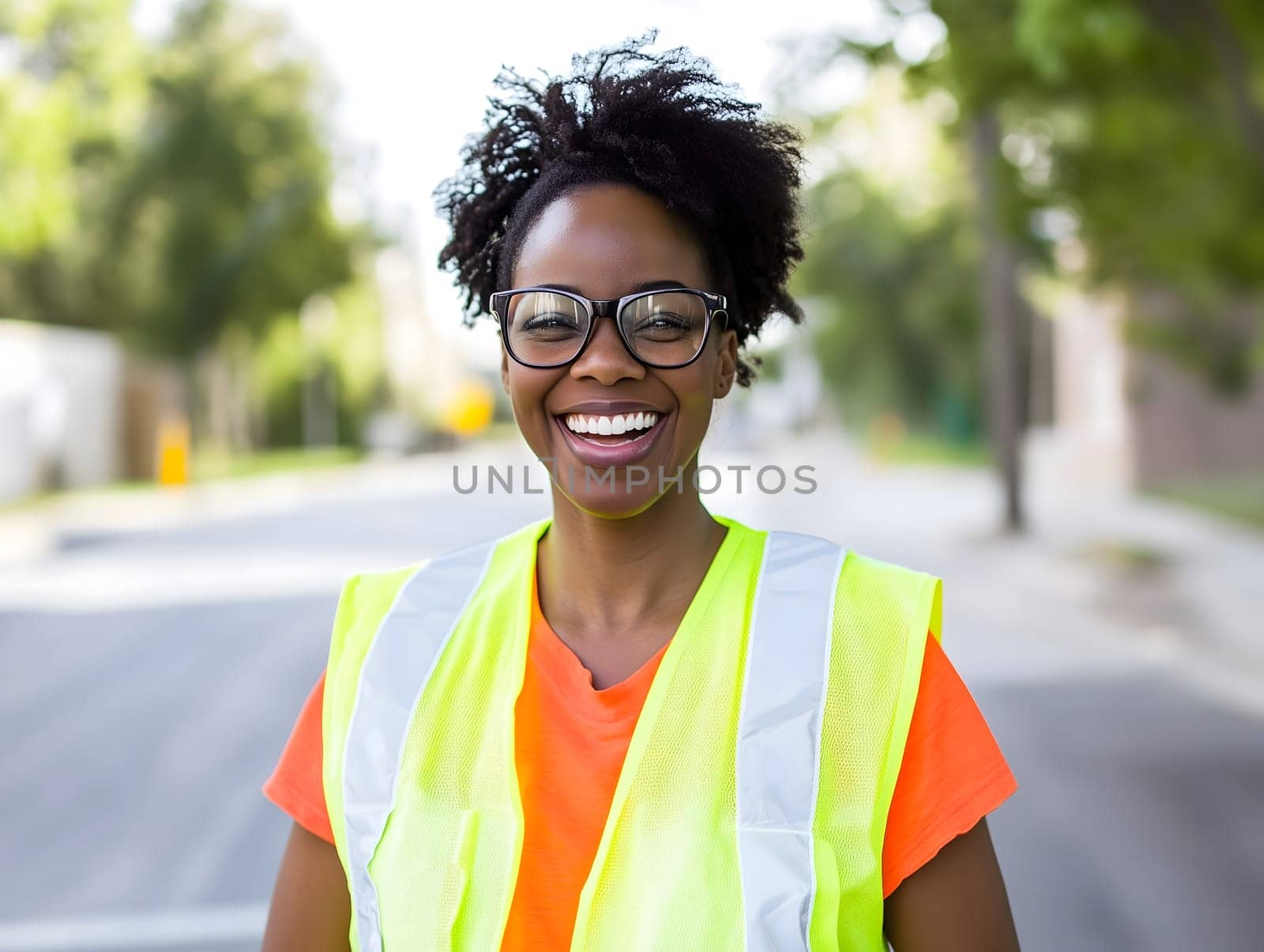 Happy black smiling woman safety vest construction worker portrait