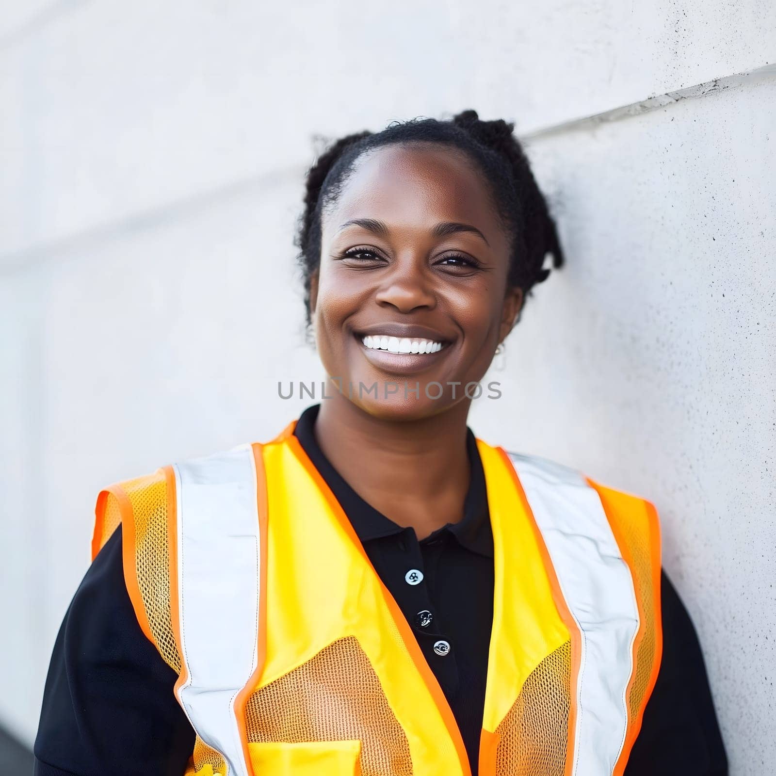 Happy black smiling woman safety vest construction worker portrait