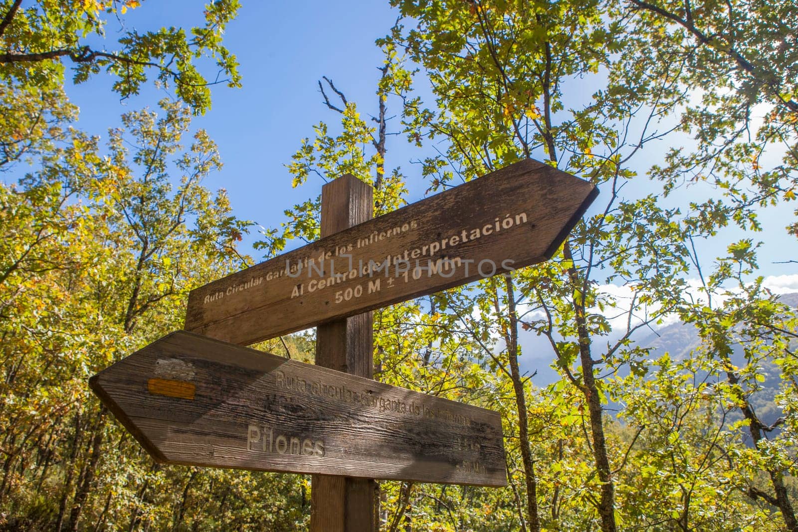 Cabezuela, Spain - Nov 3rd, 2024:  Natural Reserve Garganta de los Infiernos direction pole. Caceres, Extremadura, Spain