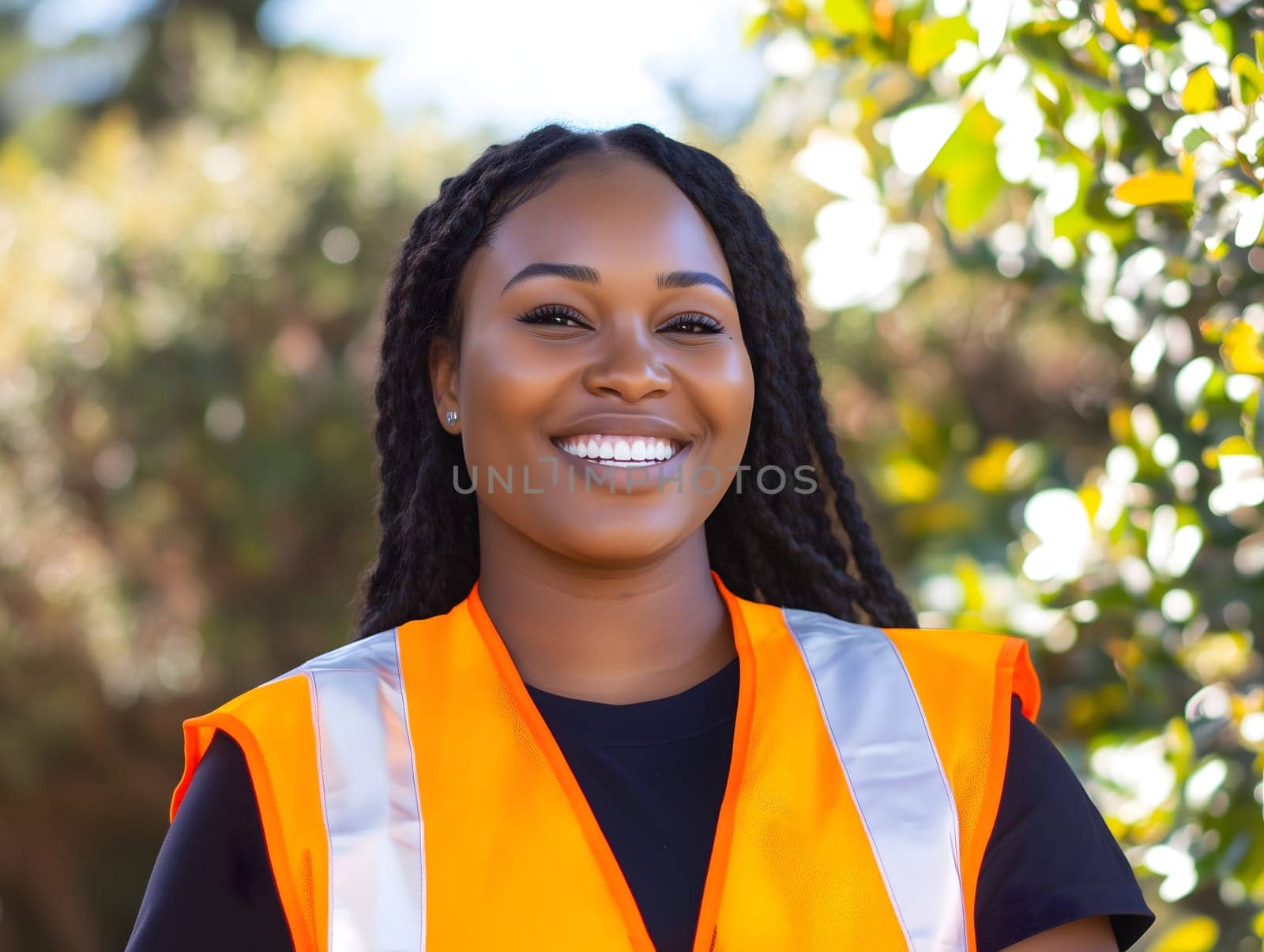 Happy black smiling woman safety vest construction worker portrait