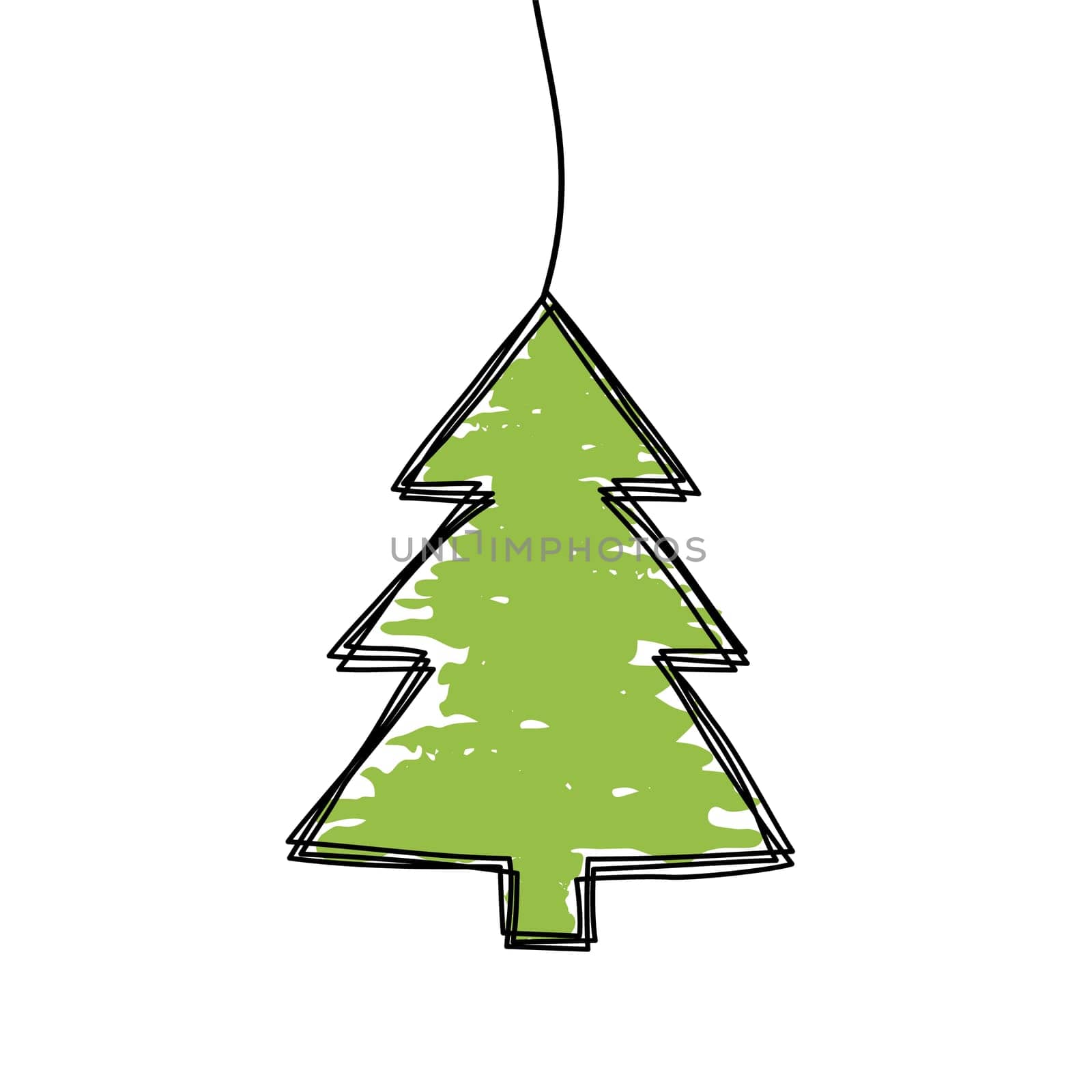 Tangled grungy scribble Christmas Pine Tree hand drawn with thin line, divider shape. Isolated on white background. Vector illustration