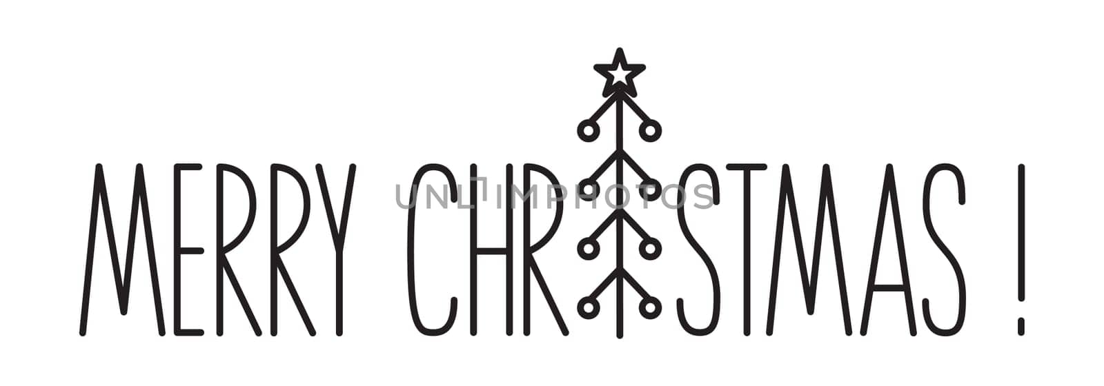Merry Christmas lettering banner with pine tree hand drawn with thin line, divider shape. Isolated on white background. Vector illustration