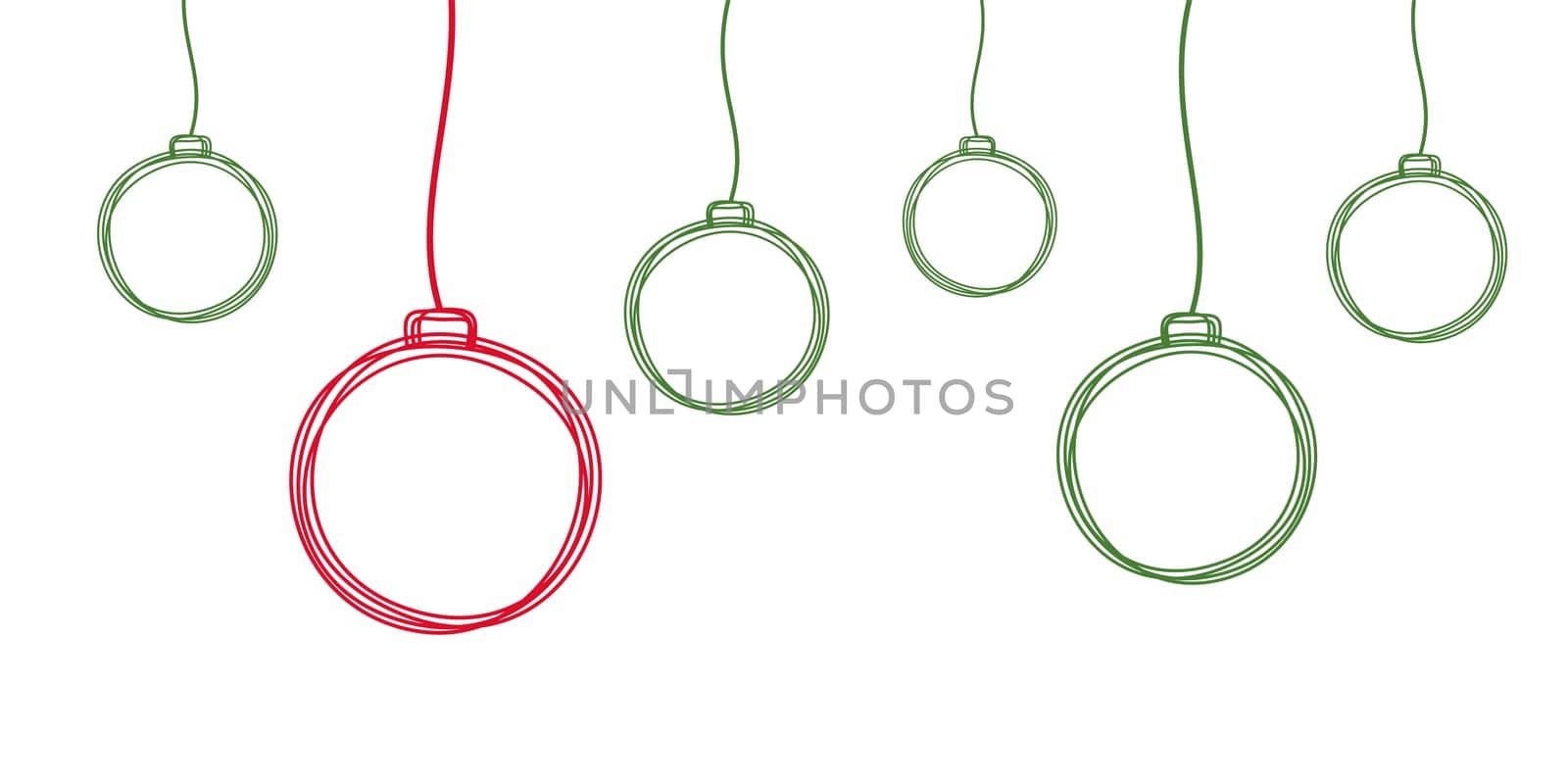 Hand drawn Christmas pine tree ball ornament line hanging on a string, holiday card style with copy space. Vector illustration isolated on white background