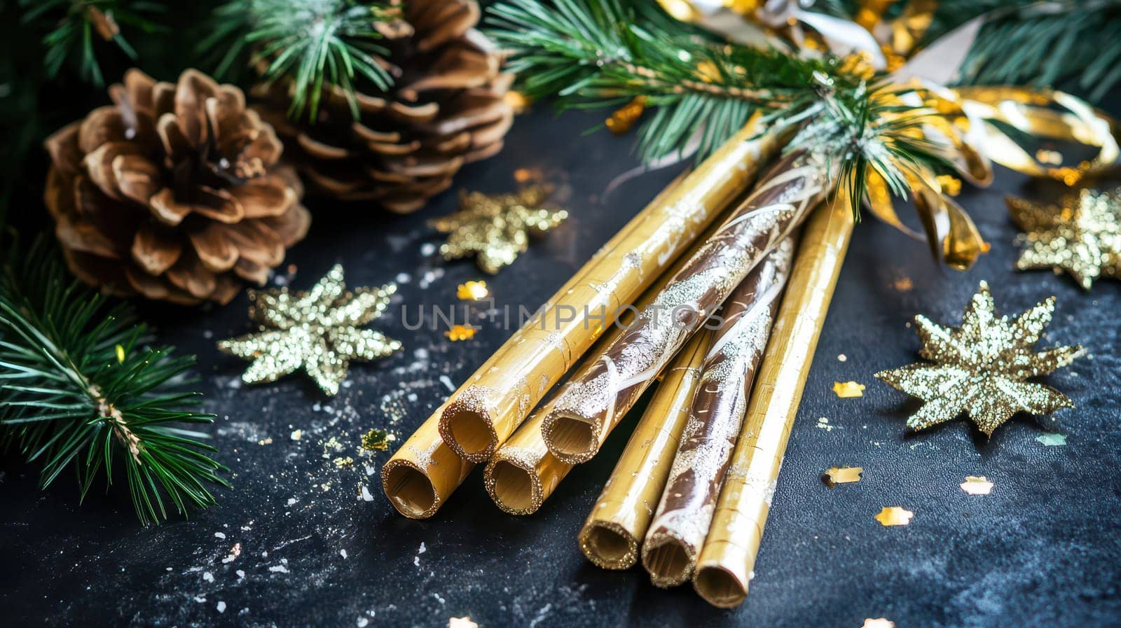 Colorful golden decoration items lay on a dark surface surrounded by pine branches and pine cones embodying the spirit of Christmas crafting.