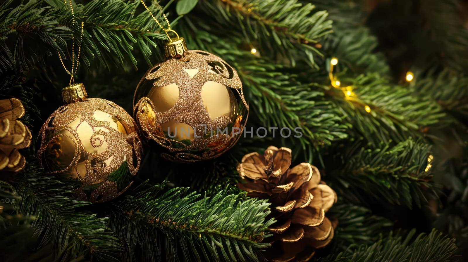 Golden ornaments hang delicately from evergreen branches with pinecones and twinkling lights adding a festive touch during the holiday season.