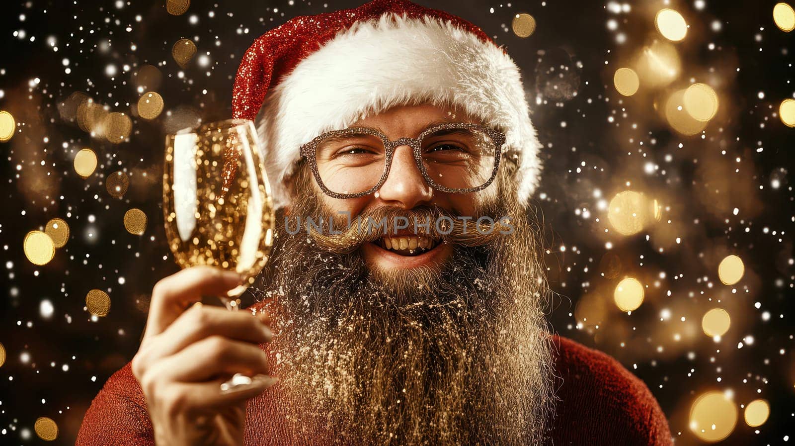 A joyful man wearing a Santa hat raises a glass filled with drink while surrounded by sparkling lights celebrating the Christmas season.