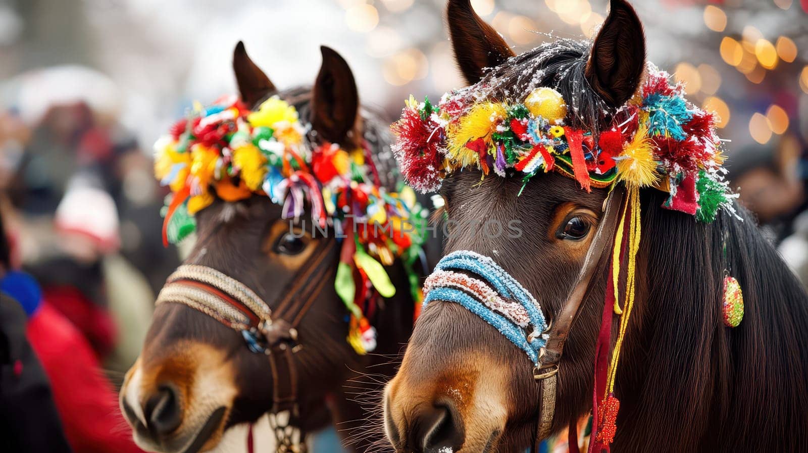 Horses wearing vibrant floral garlands stand amid a lively Christmas market filled with cheerful people and holiday decorations.