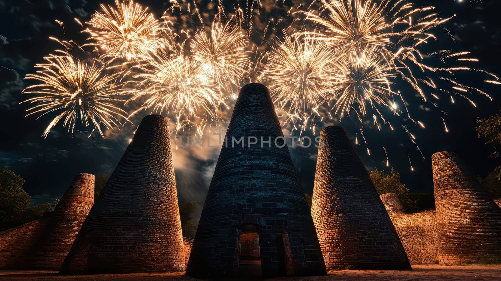 Colorful fireworks burst above stone structures during a festive celebration illuminating the night sky with vibrant colors and excitement.