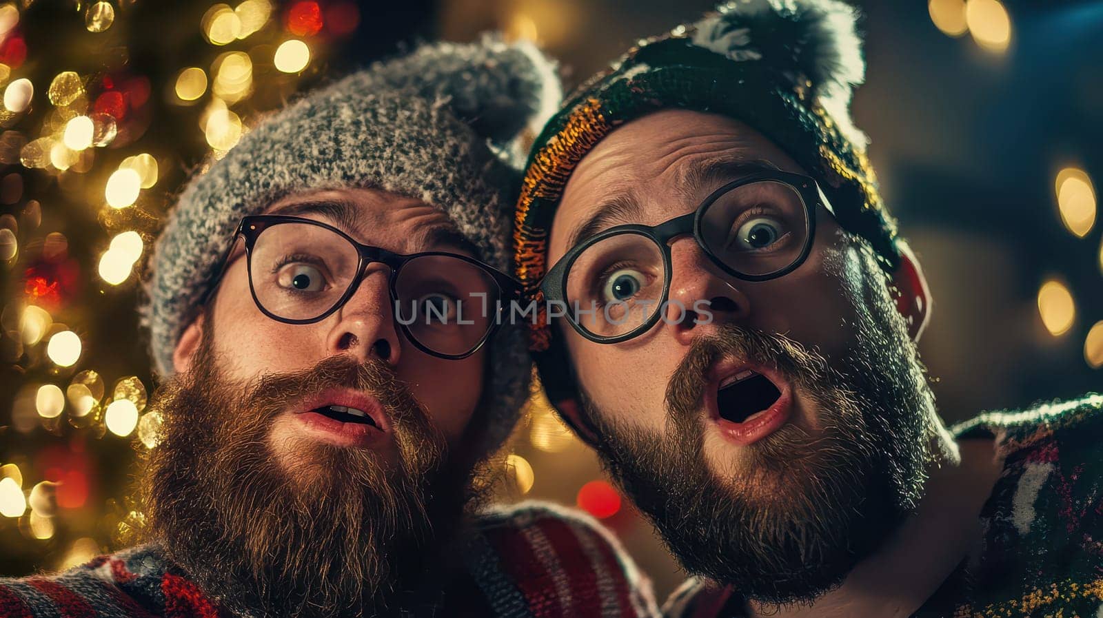 Two friends wear festive hats and sweaters celebrating Christmas in a cozy setting with a Christmas tree decorated with lights.