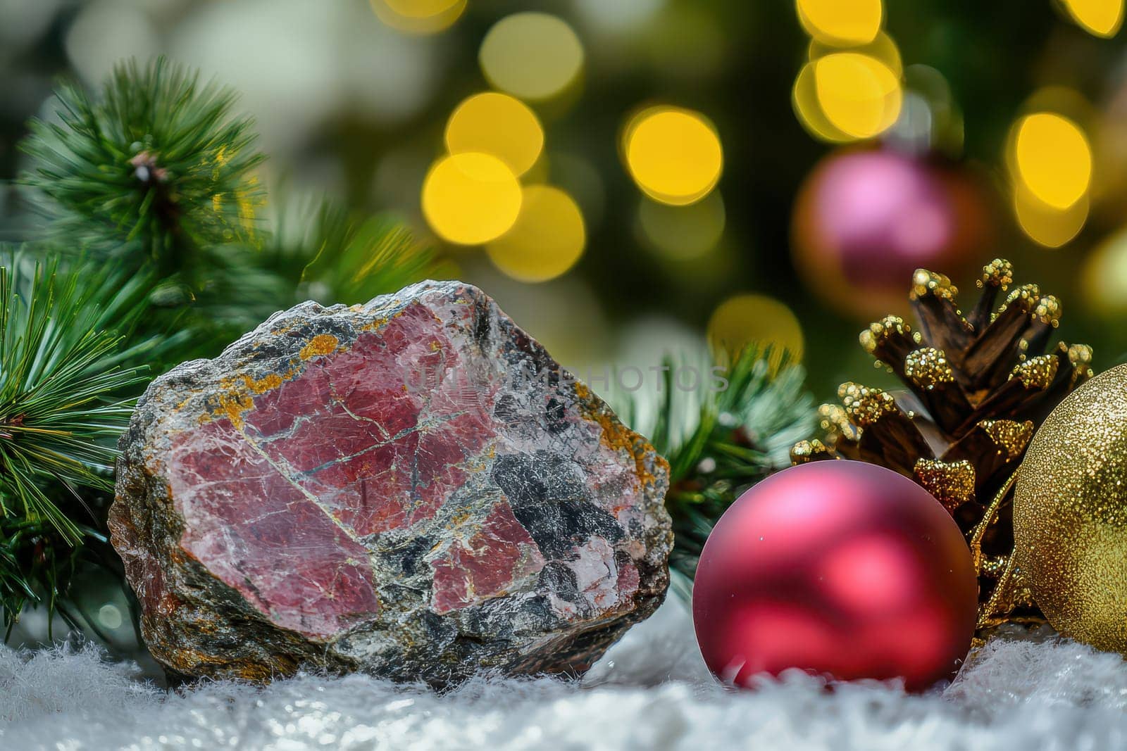 A colorful rock is displayed among festive ornaments pinecones and greenery creating a cheerful holiday atmosphere with soft lighting.