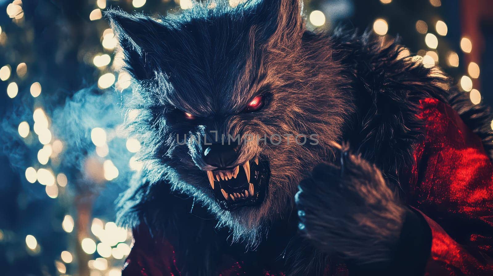 A festive creature with wolf features wearing a red suit displays a fierce expression surrounded by glowing holiday lights.