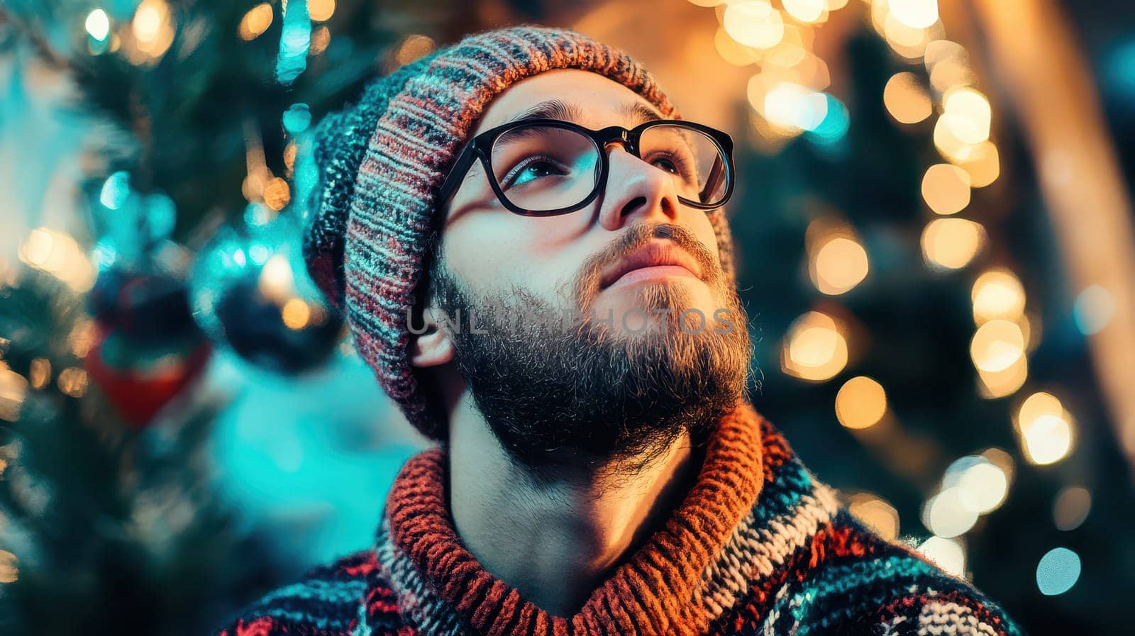 A young man gazes upward surrounded by twinkling Christmas lights and a festive atmosphere full of holiday cheer.