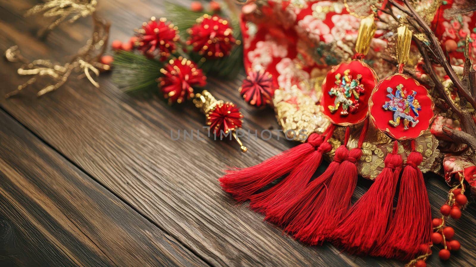 Beautiful red tassels and ornaments adorn a rustic wooden table capturing the spirit of Christmas with vibrant colors and traditional elements.