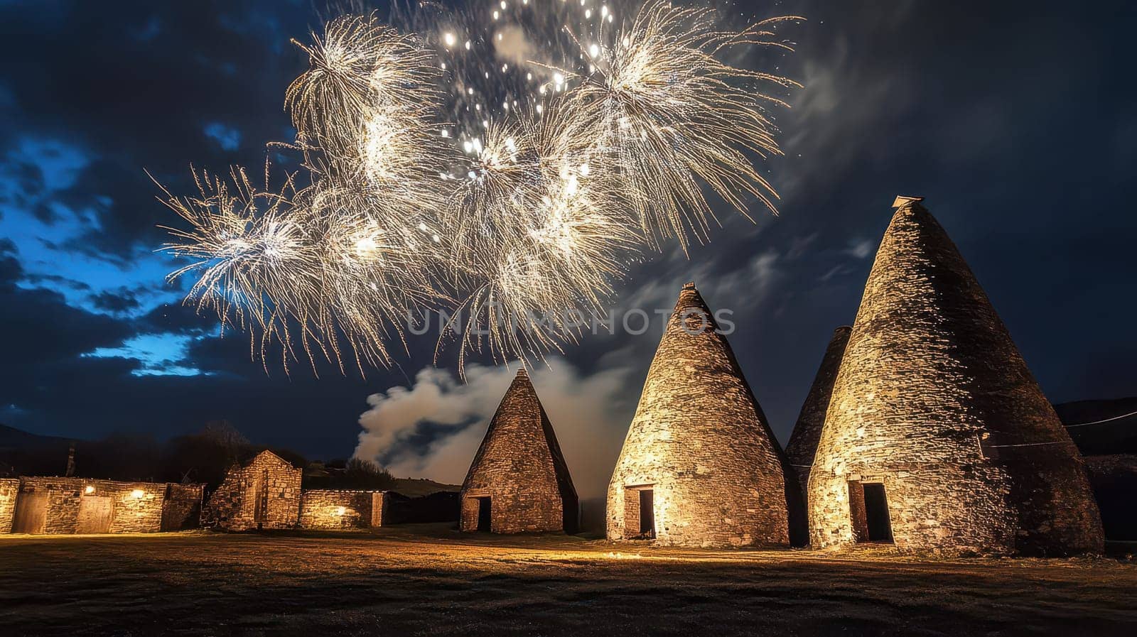 Colorful fireworks burst in the night sky over historic stone structures during a Christmas celebration creating a magical atmosphere.