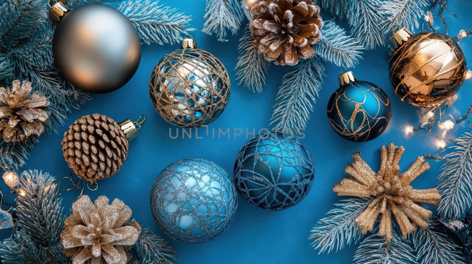 Festive Christmas ornaments and pine cones display a joyful holiday spirit on a vibrant blue surface creating a delightful seasonal atmosphere.