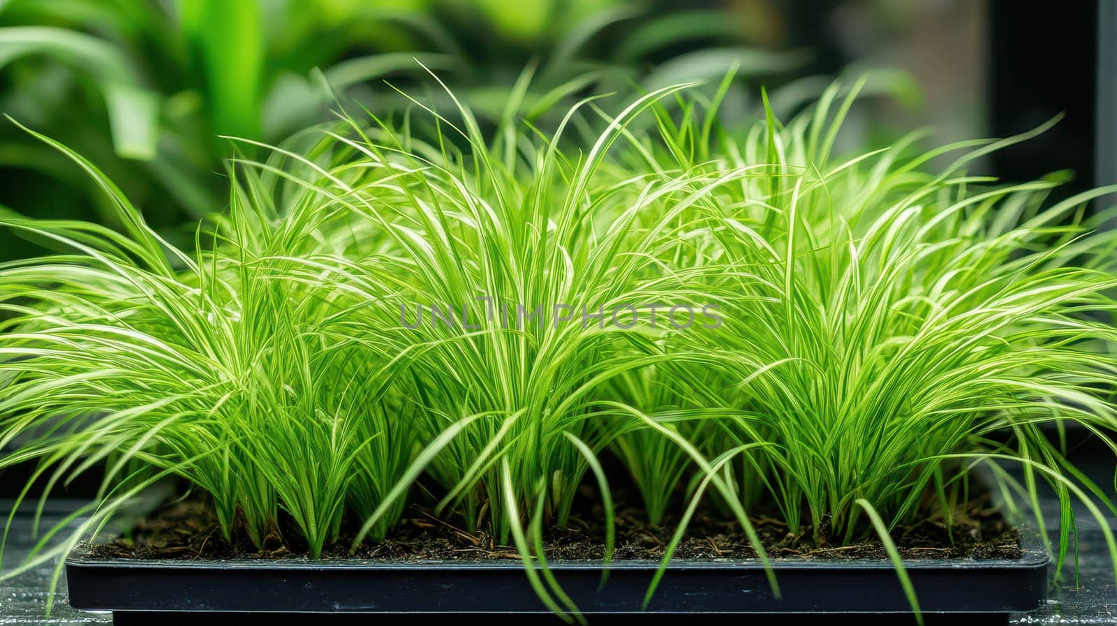 Lush green grass fills a rectangular tray adding freshness to Christmas decorations in a festive indoor environment.