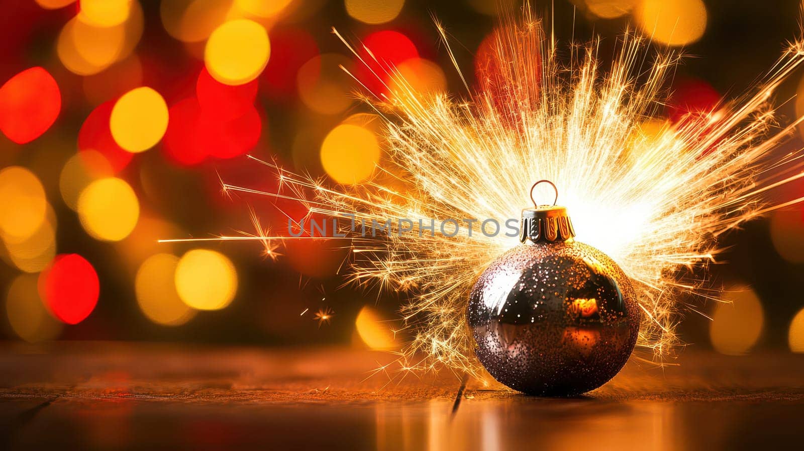 A black Christmas ornament surrounded by colorful lights and sparks creates a festive atmosphere during holiday celebrations.