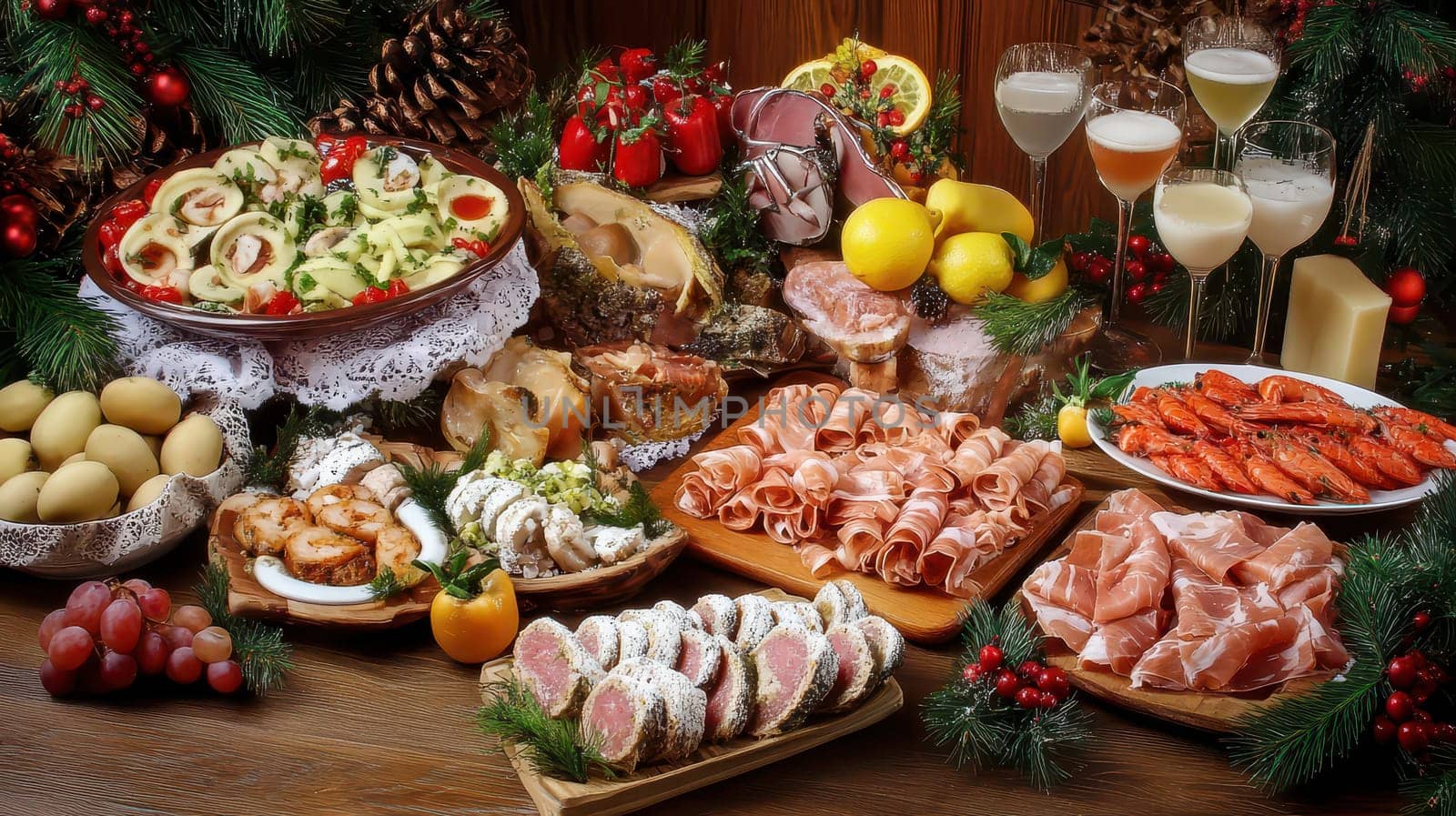 A vibrant Christmas buffet filled with assorted dishes including meats seafood salads and festive drinks adorned with seasonal decorations.